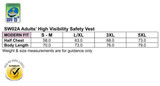 A high visibility safety vest in bright yellow with sizing information and a logo, designed for adult use.