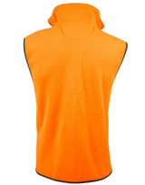A polar fleecy vest in high-visibility orange, featuring a collar and black edging, with a branding logo.