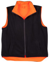 A reversible safety vest featuring a black exterior and bright orange interior, designed with pockets and a zip front.