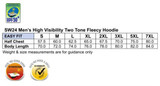 A size chart for a hi-vis two-tone fleece hoodie, displaying measurements in various sizes. Features logos for UV protection and high visibility.