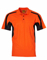 An orange short-sleeve safety polo shirt featuring black side panels and a chest pocket. It includes a logo.