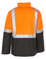 Hi-Vis two-tone rainproof quilted safety jacket in orange and black, featuring reflective 3M tapes and a logo.