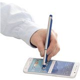 A stylus pen with a blue tip and silver body, held by a hand over a smartphone screen.