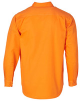 A long-sleeved drill shirt in bright orange, featuring a button-down collar and buttoned cuffs. Includes a brand logo.