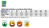 A chart listing sizes and measurements for a high visibility long sleeve work shirt in various sizes, featuring a logo.