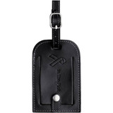 A black leather identification tag featuring a logo and a strap for attachment.