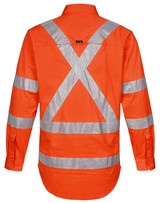 An orange work shirt featuring silver reflective strips in a cross pattern on the back. It includes a logo.
