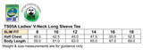 A size chart for a Ladies' V-Neck Long Sleeve Tee, featuring measurements for slim fit in various sizes.