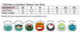 A chart detailing size measurements for the Men's Cooldry Stretch Tee, featuring various icons for fabric technology.
