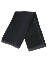 A black golf towel measuring 38 x 65 cm, with a soft texture and a folded design. It features a logo.