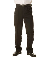 Men's black permanent press pants with a classic fit, featuring a belt and polished black shoes.