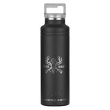 A drink bottle in matte black featuring a logo and a secure lid, designed for thermal insulation.