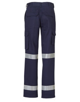 Heavy cotton cargo pants in navy blue with reflective 3M tape for visibility. Features multiple pockets and a back view.