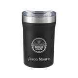 A drink bottle featuring a black exterior, stainless steel lid, and an embossed logo. Comes with a clear lid.