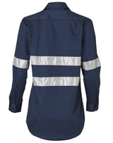 A navy long-sleeve work shirt with 3M reflective tape, featuring a back view and a logo on the shirt.