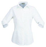 A white button-up shirt for ladies with 3/4 sleeves and a collared neck, featuring a logo.