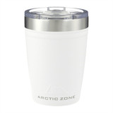A drink bottle featuring a frosted white design with a stainless steel lid and a logo. Suitable for various beverages.