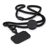 A black Roam Phone Lanyard with a detachable hook and a flat tag for identification or accessories.