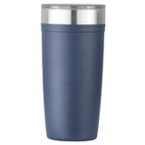 A drink bottle in navy blue with a stainless steel rim, featuring a logo on the side.