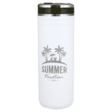 A drink bottle in white with a black lid, featuring a logo depicting palm trees and holiday themes.