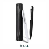 A metal pen set in black and white, with a sleek design, displayed alongside a matching cylindrical case.