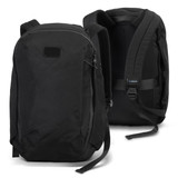A black business computer backpack with padded straps and a spacious main compartment. It features a logo on the back.