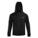 A black zip-up hoodie featuring a hood and a small logo on the front.