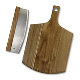 A wooden cheese board and knife set in brown and silver, featuring a sleek design and a hanging hole.