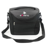A black cooler bag with a zippered front pocket and a mesh side pocket, featuring a logo.