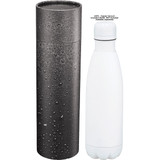 A drink bottle and a grey tube gift box, featuring a textured design with droplets. The bottle is white and insulated.