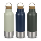 A drink bottle trio featuring sage green, navy blue, and dark green finishes with stainless steel bottoms and cork lids.