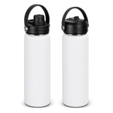 A drink bottle in matte white with a black lid and handle, featuring a logo on the side.