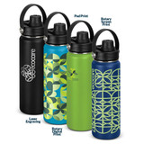 A drink bottle collection featuring four designs in black, green, blue, and a vibrant pattern, each with a logo.