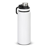 A drink bottle in white, featuring a black lid and handle. It has a shiny silver cap and a minimalist design.