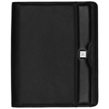 A black Nappa leather A4 zippered compendium featuring a side pocket and logo branding.