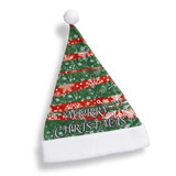 A full colour Santa hat featuring a festive design in red and green with a white plush trim and a pom-pom on top.