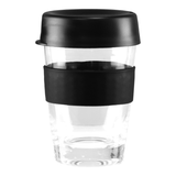 A drink bottle featuring a clear glass body with a black silicone sleeve and a black lid.