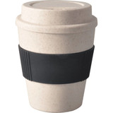 A drink bottle in a natural off-white colour with a black silicone grip and a lid. It features a logo.