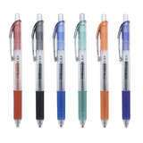 A collection of six gel ink pens in red, black, blue, green, orange, and teal, featuring clear barrels and grip designs.