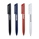 Four ballpoint pens in black, navy, red, and white, each featuring a logo on the barrel.