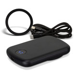 A black wireless charging power bank with a cable and a circular charging pad. It features a logo.