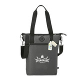 A grey computer tote bag with adjustable straps, featuring a logo and made from recycled materials.