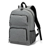 A grey backpack with multiple compartments, including a mesh side pocket and a logo.