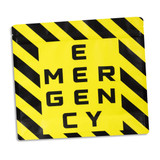 A large flat bottom pouch in yellow with black caution stripes and an emergency-themed design, featuring a logo.