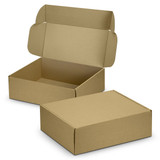 A brown die cut box with a locking lid, displayed open and closed, featuring a plain design and no visible branding.