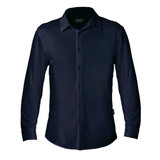 A navy long-sleeve polo shirt with a collar and button-down front, featuring a logo on the neckline.