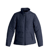 A navy puffer jacket for men, featuring a zip front and side pockets, with a branded logo.
