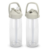 A drink bottle in clear plastic with a light grey lid and flip straw, featuring a carry handle and branding.