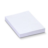 A stack of white recycled sticky pads measuring 100 x 75mm, containing 100 sheets. The pad has a simple design.