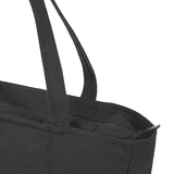A black recycled zip tote bag with sturdy handles and a zippered closure. It features a logo on the side.